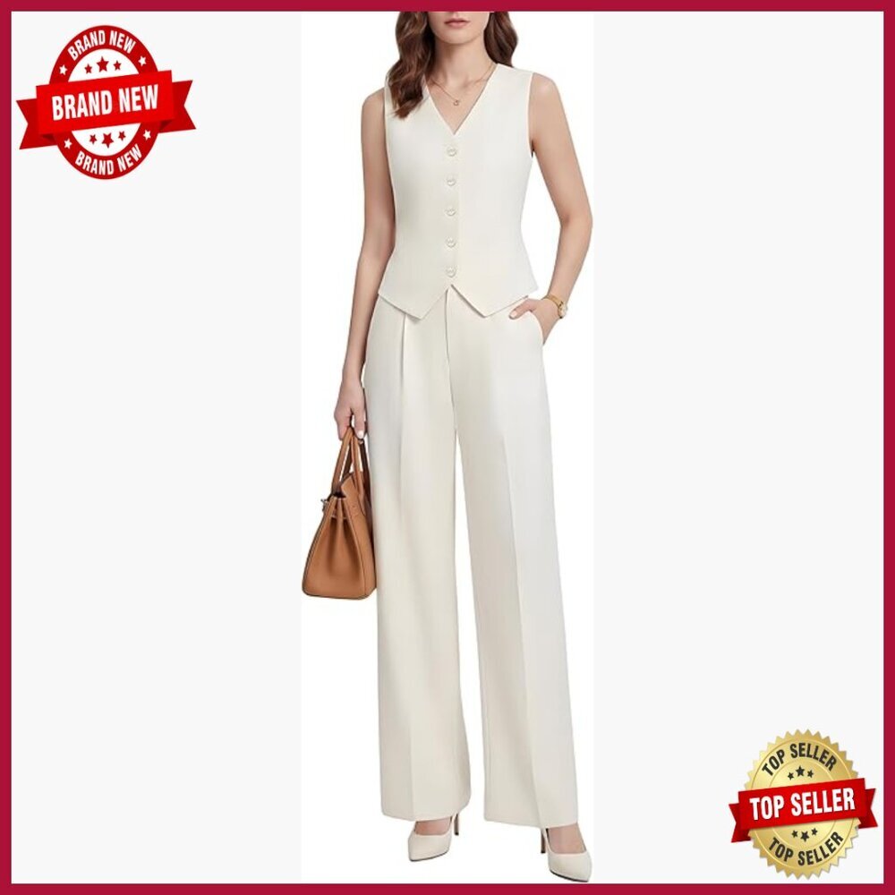 Women's 2 Piece Vest Pants Suit Set, Viscose Blend, Wide Leg, Business Casual